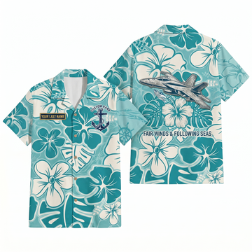 Mens Personalized Navy F/A-18 Super Hornet Mint Hibiscus Hawaiian Shirt Flat Layout