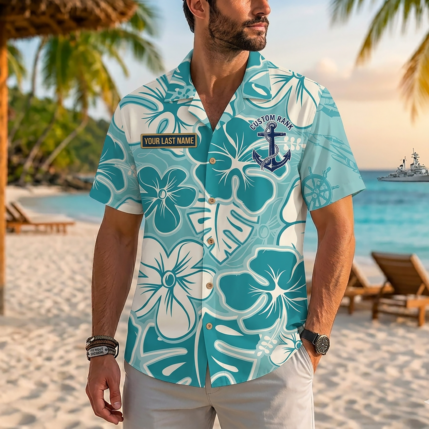 Mens US Navy Hawaiian Shirt Front View Showing Custom Last Name and Rank Slots on Model