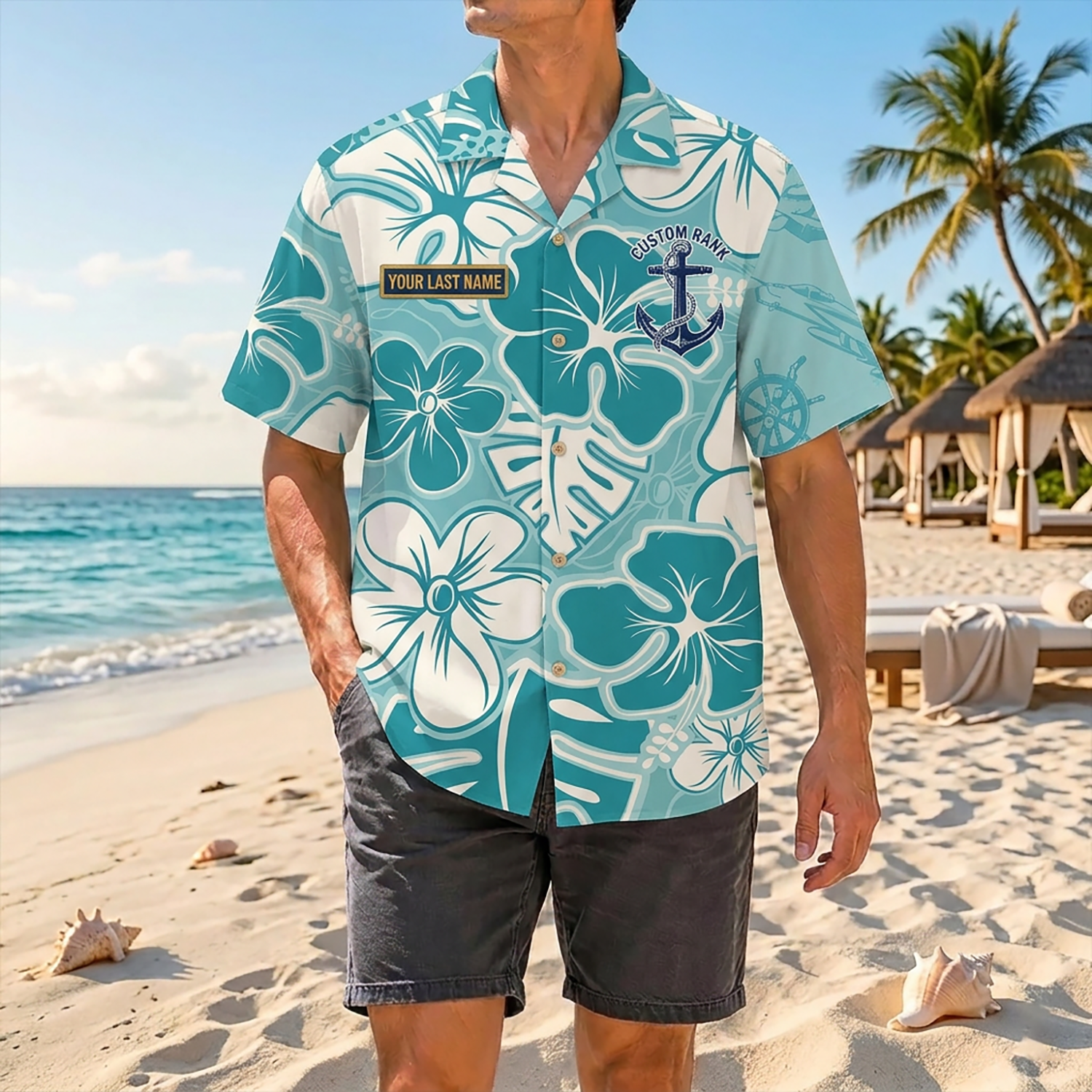 Proud Veteran Wearing Matching Personalized Navy Mint Hibiscus Hawaiian Shirt On A Tropical Beach