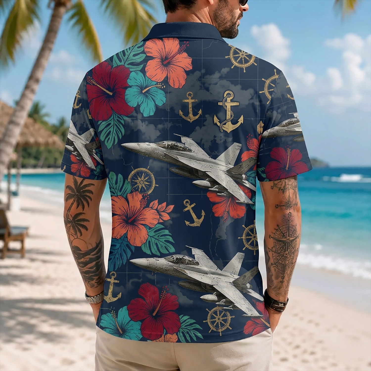 Mens US Navy Hawaiian Shirt Back View Featuring F/A-18 Super Hornet Fighter Jets and Hibiscus Flowers