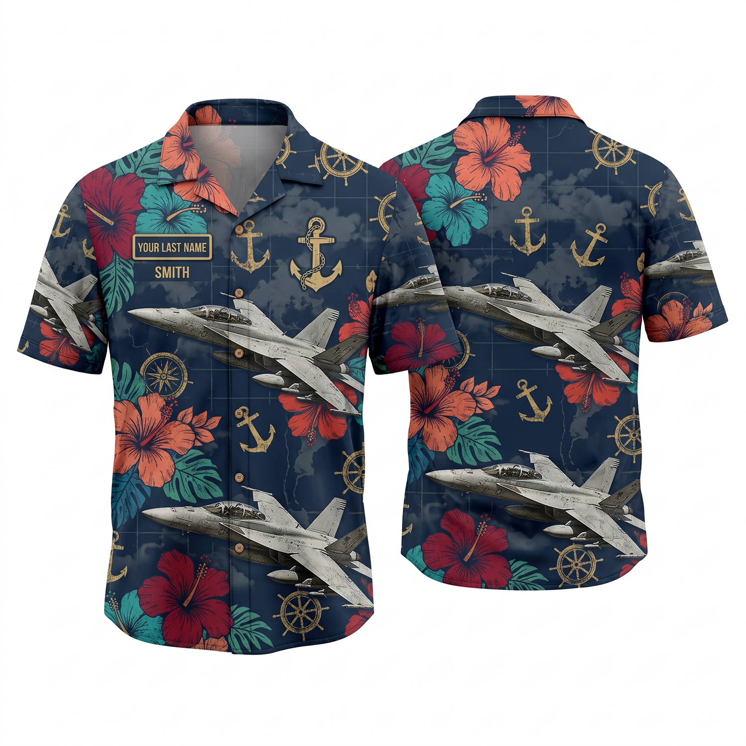 Mens Personalized Navy F/A-18 Super Hornet Tropical Hibiscus Hawaiian Shirt Flat Layout