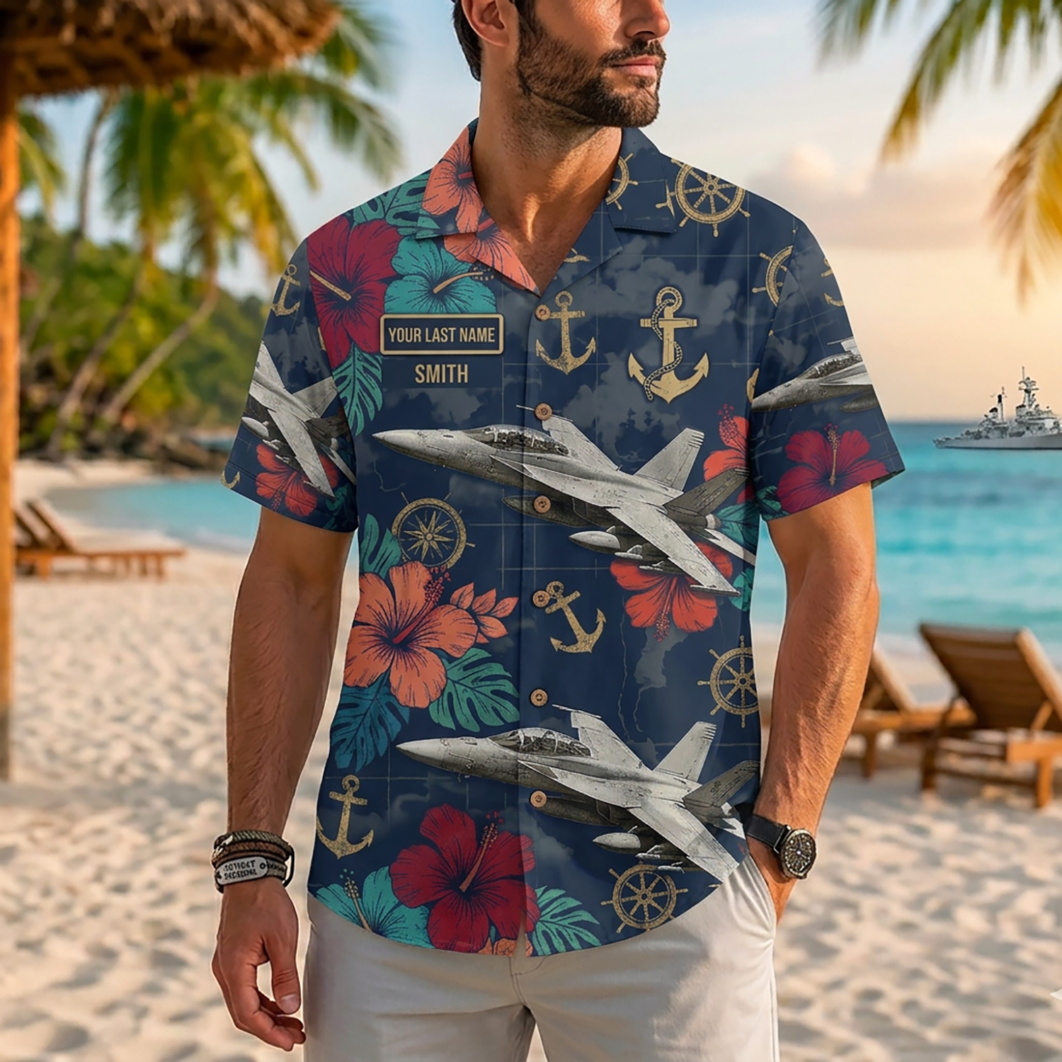Mens US Navy Hawaiian Shirt Front View Showing Custom Last Name and Rank Slots on Model