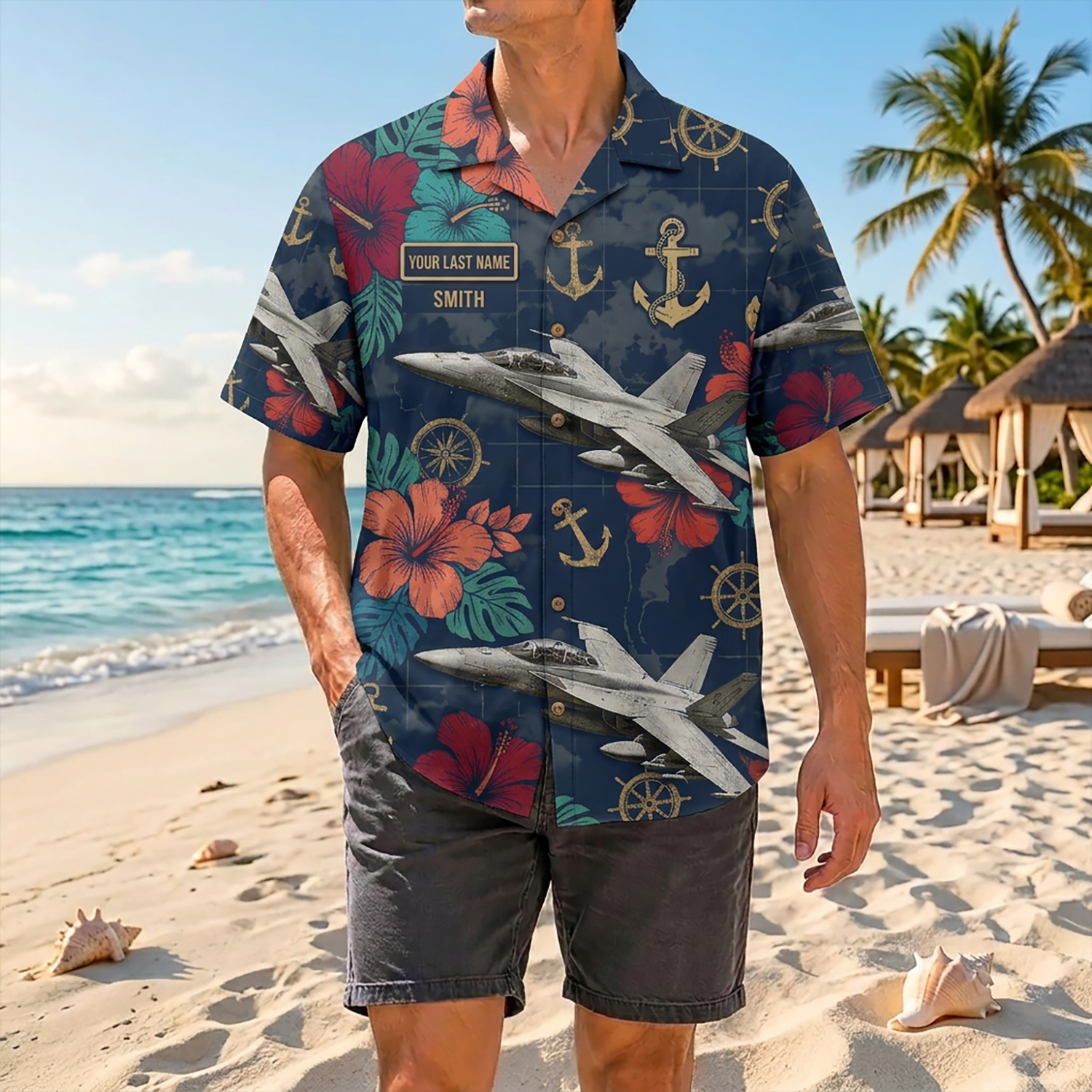 Proud Veteran Wearing Matching Personalized Navy F/A-18 Super Hornet Hawaiian Shirt On A Tropical Beach