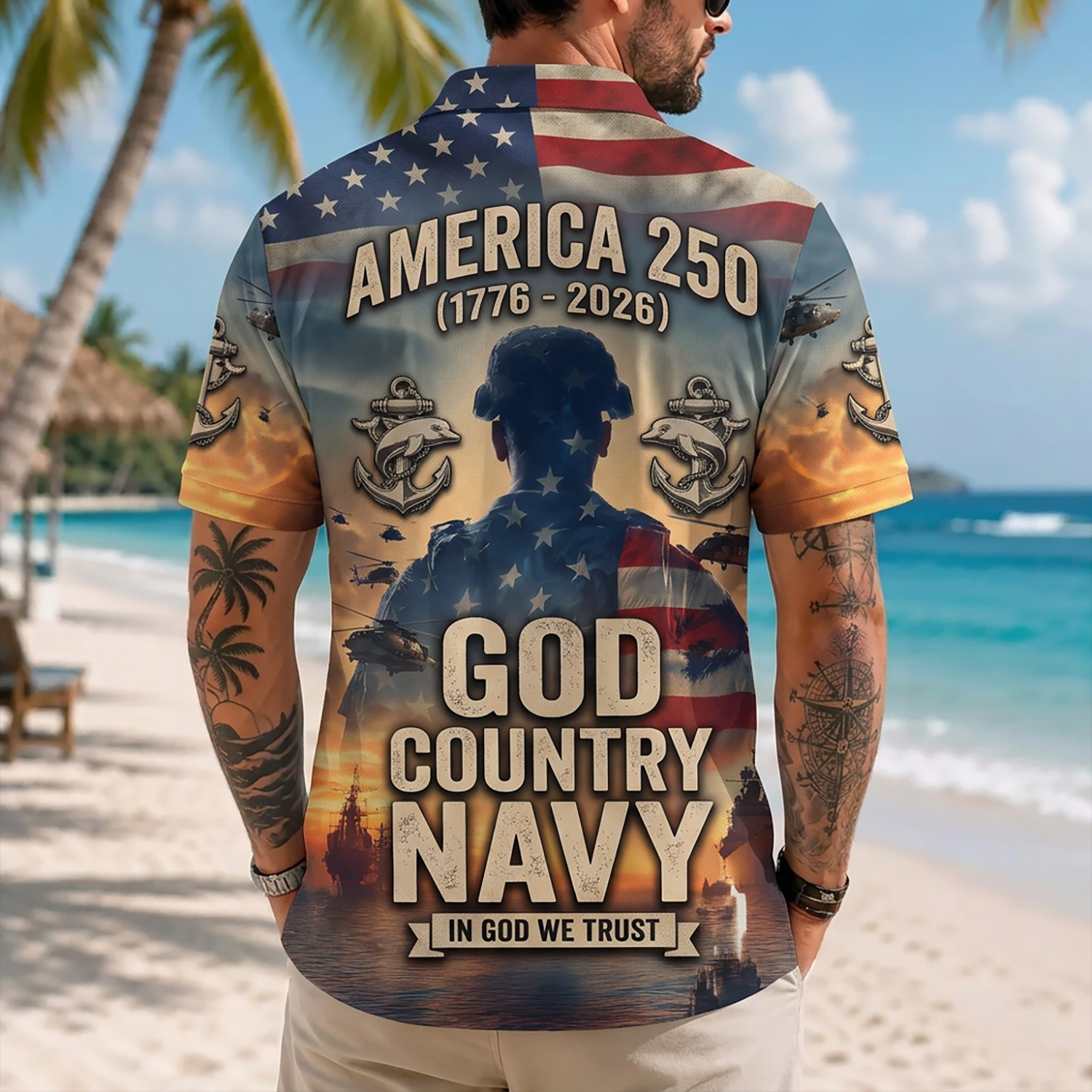 Mens US Navy Hawaiian Shirt Back View Featuring Navy Soldier Silhouette Against American Flag And God Country Navy Typography