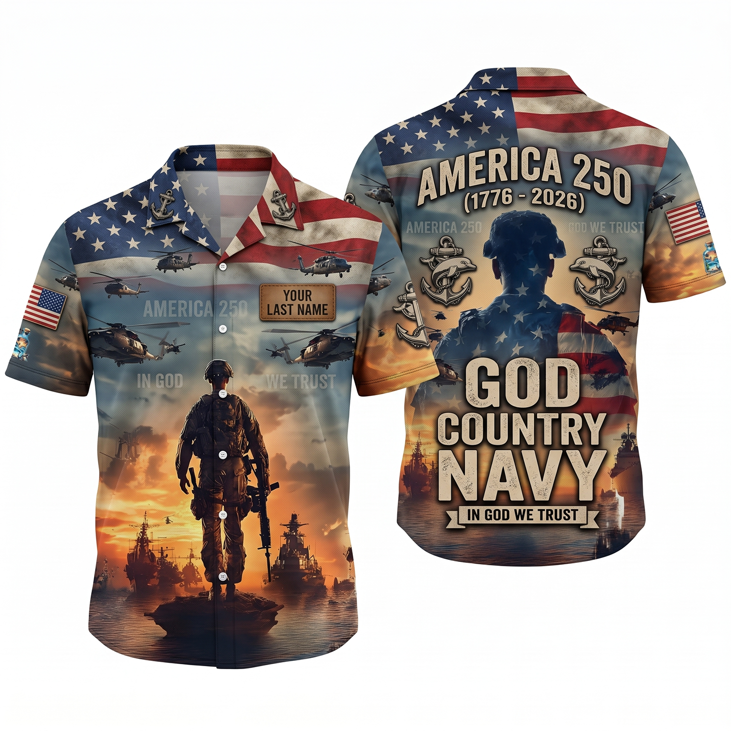 Mens Personalized Navy God Country Navy 250th Anniversary Hawaiian Shirt Flat Layout