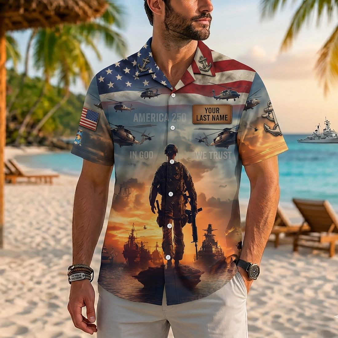 Mens Personalized Navy God Country Navy 250th Anniversary Hawaiian Shirt Flat Layout