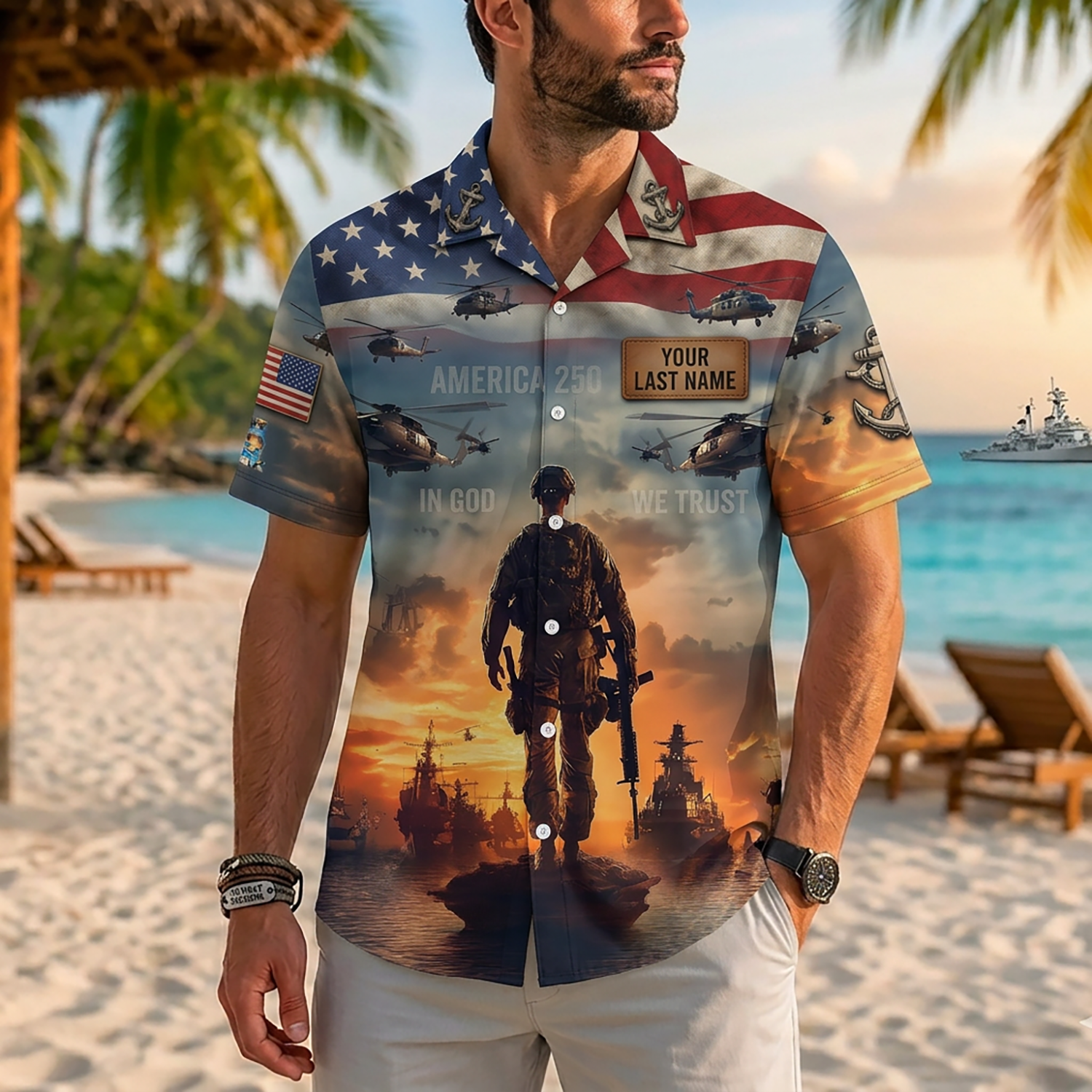 Mens US Navy Hawaiian Shirt Front View Showing Custom Last Name Slot And Battle Group Scene On Model