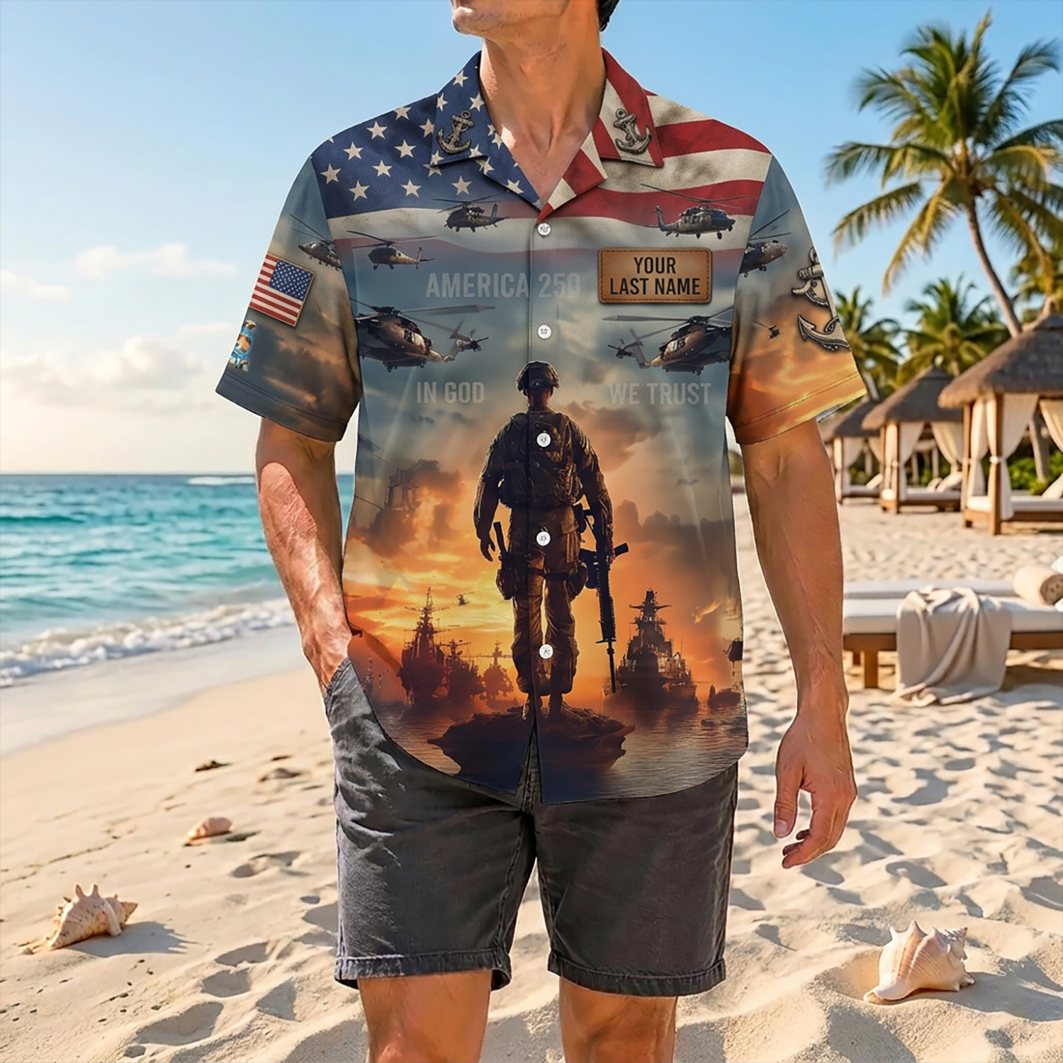 Proud Veteran Wearing Matching Personalized Navy God Country Navy 250th Anniversary Hawaiian Shirt On A Tropical Beach