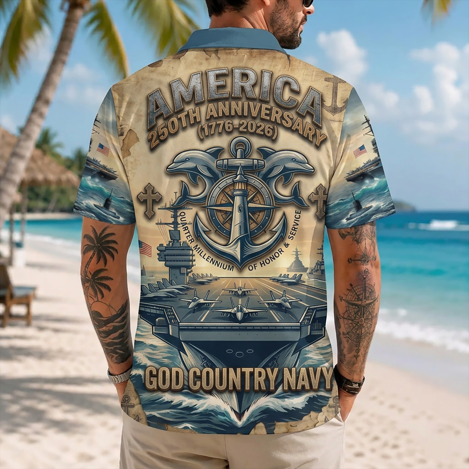 Mens Personalized Navy Veteran Hawaiian Shirt Back View Featuring Large Aircraft Carrier Deck And America 250 Typography