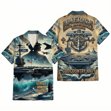 Mens Personalized Navy Honor Hawaiian Shirt 250th Anniversary Edition Flat Layout