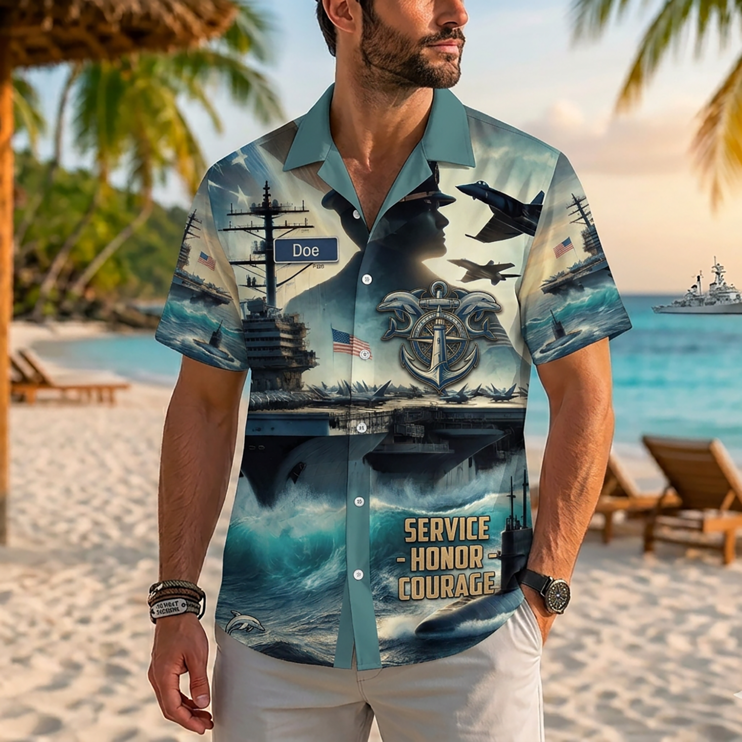 Mens Personalized Navy Veteran Hawaiian Shirt Front View Showing Custom Name Slot And Soldier Silhouette On Model