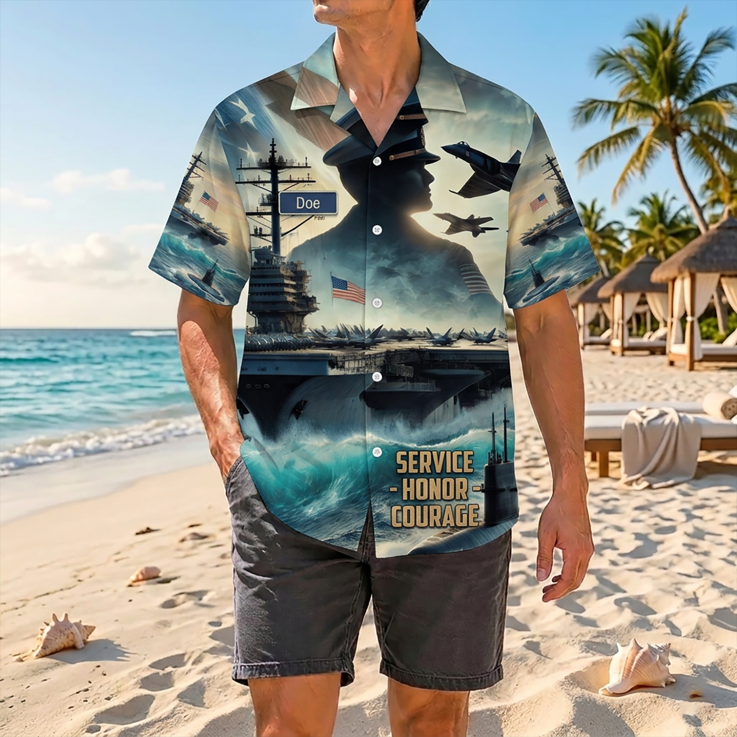 Proud Veteran Wearing Matching Personalized Navy Honor Hawaiian Shirt On A Tropical Beach