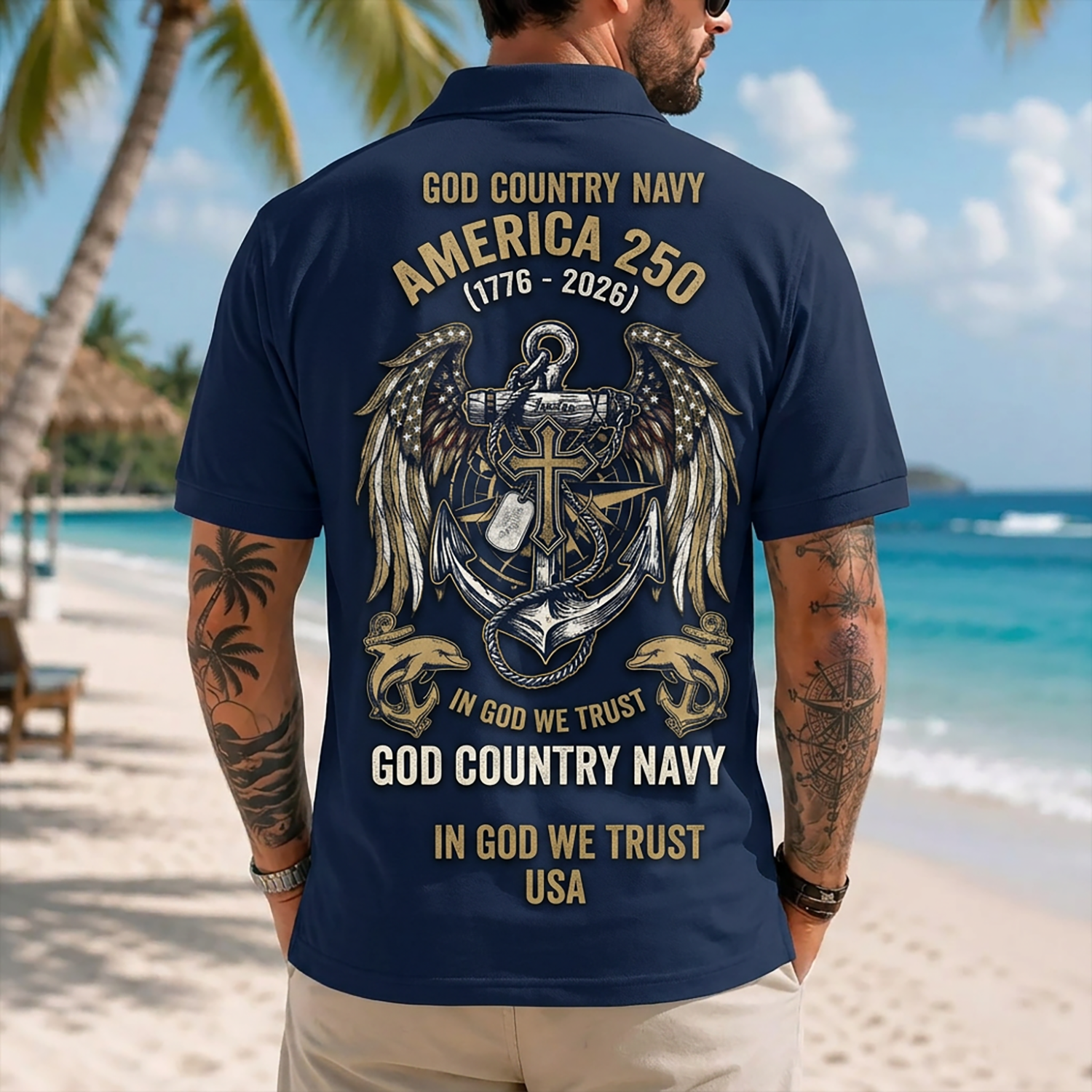 Mens Personalized Navy Veteran Hawaiian Shirt Back View Featuring Large Anchor With Wings And America 250 Text