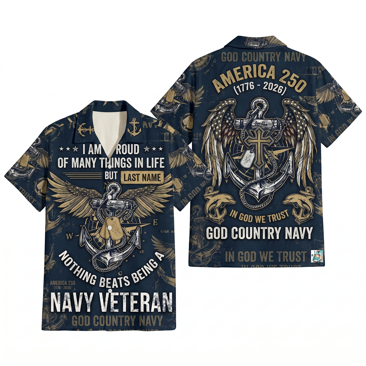 Mens Personalized Navy Honor Hawaiian Shirt America 250 Eagle Edition Flat Layout