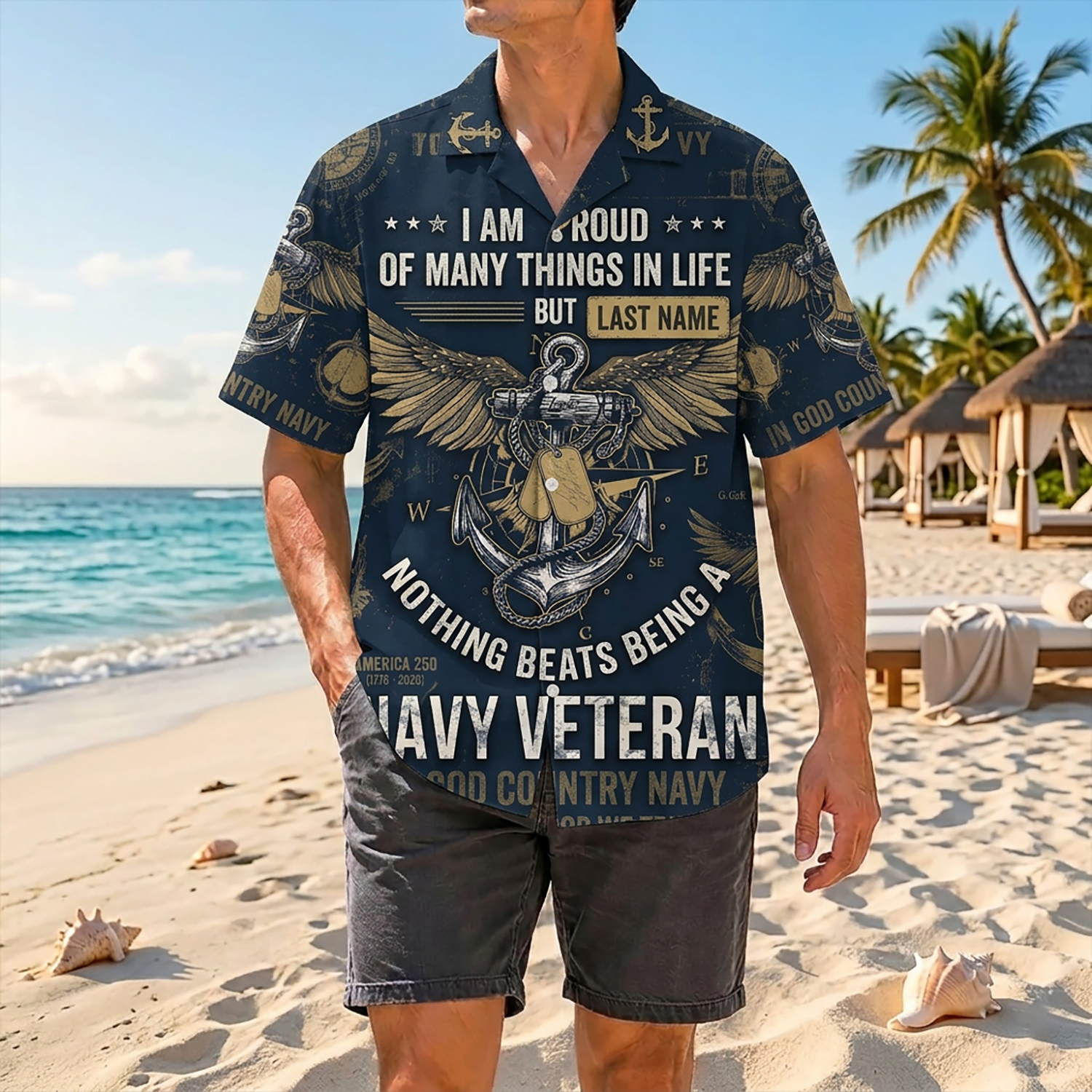 Proud Veteran Wearing Matching Personalized Navy Honor Hawaiian Shirt On A Tropical Beach