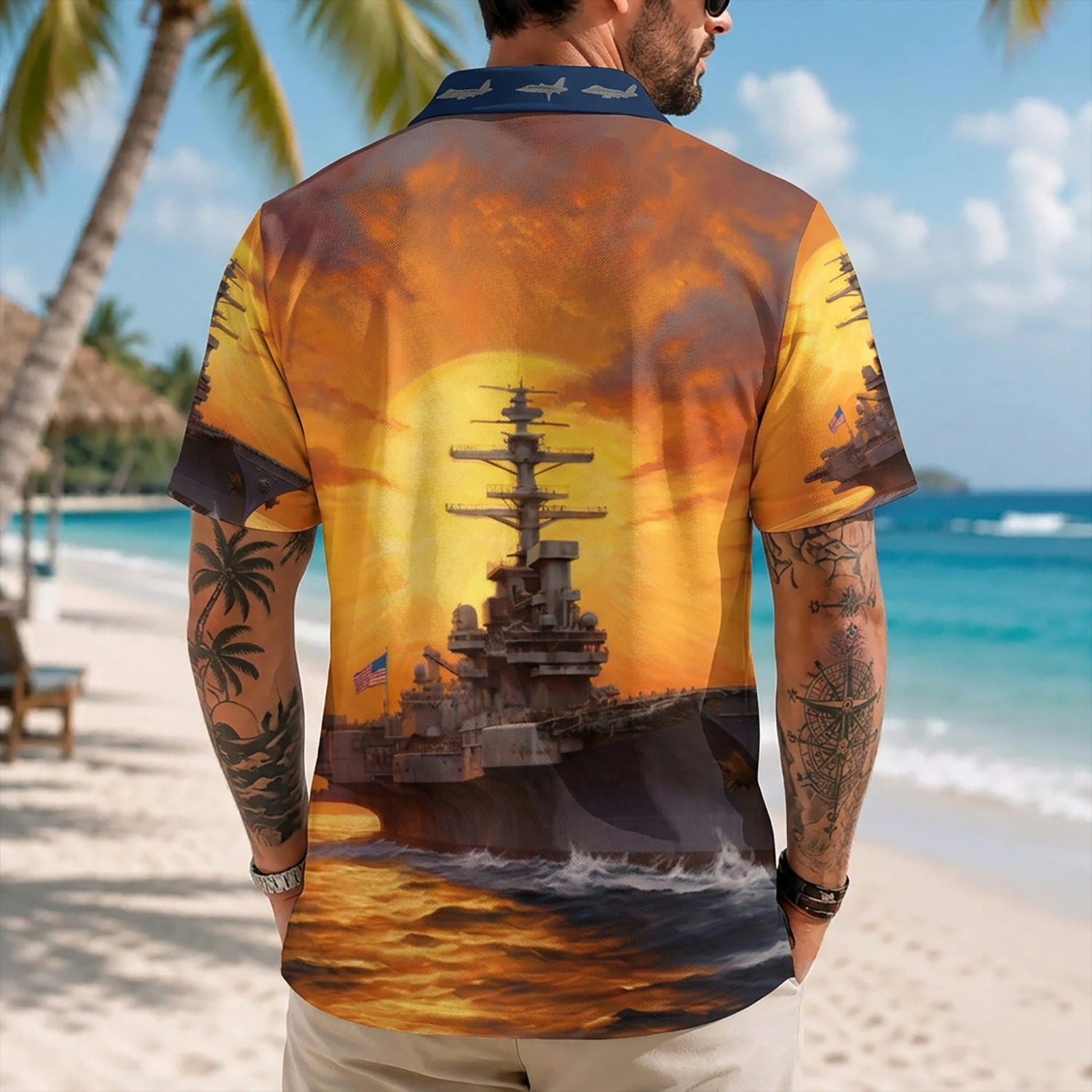 Mens Personalized Navy Veteran Hawaiian Shirt Back View Featuring Aircraft Carrier Sailing Against A Golden Sunrise