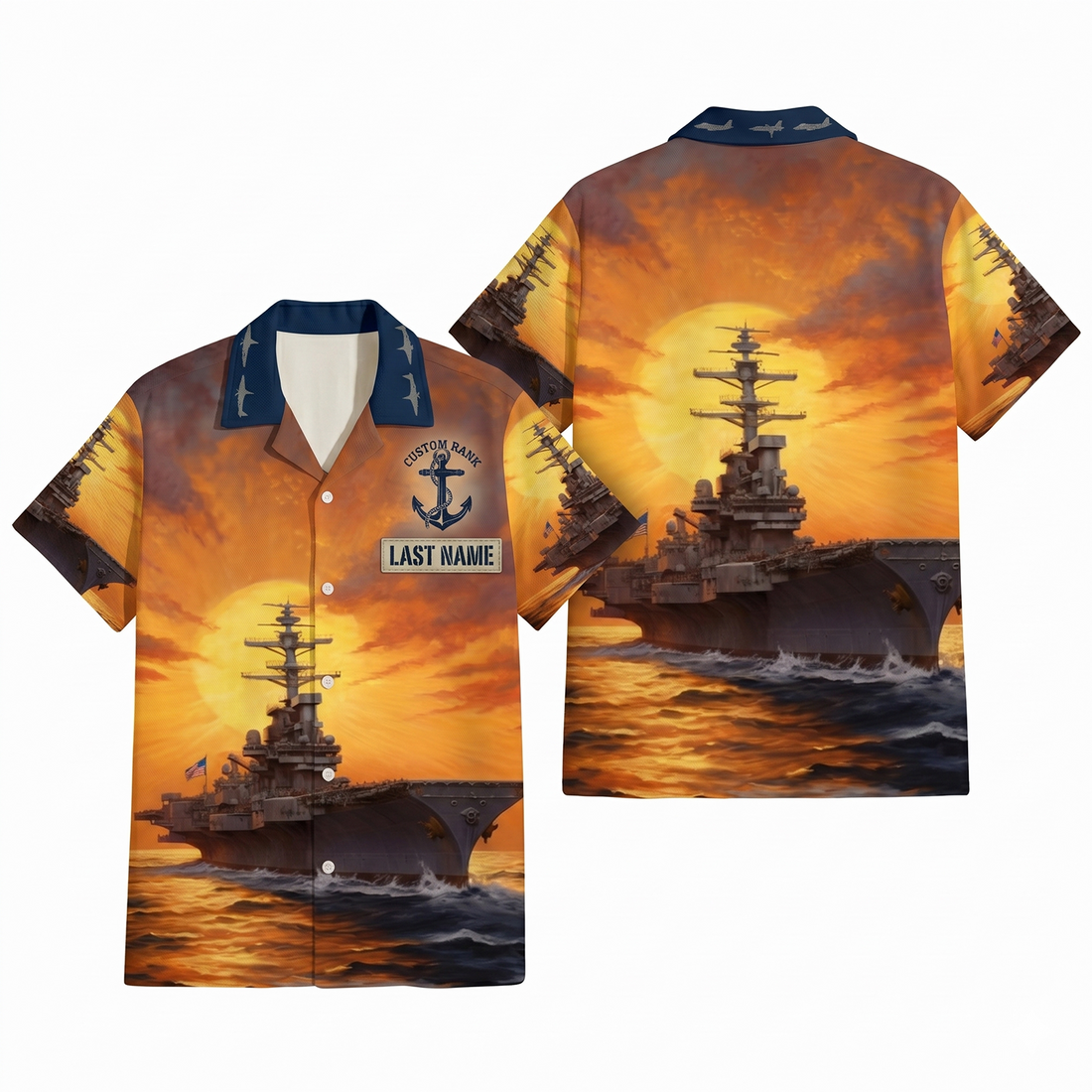 Mens Personalized Navy Honor Hawaiian Shirt Golden Sunrise Edition Flat Layout