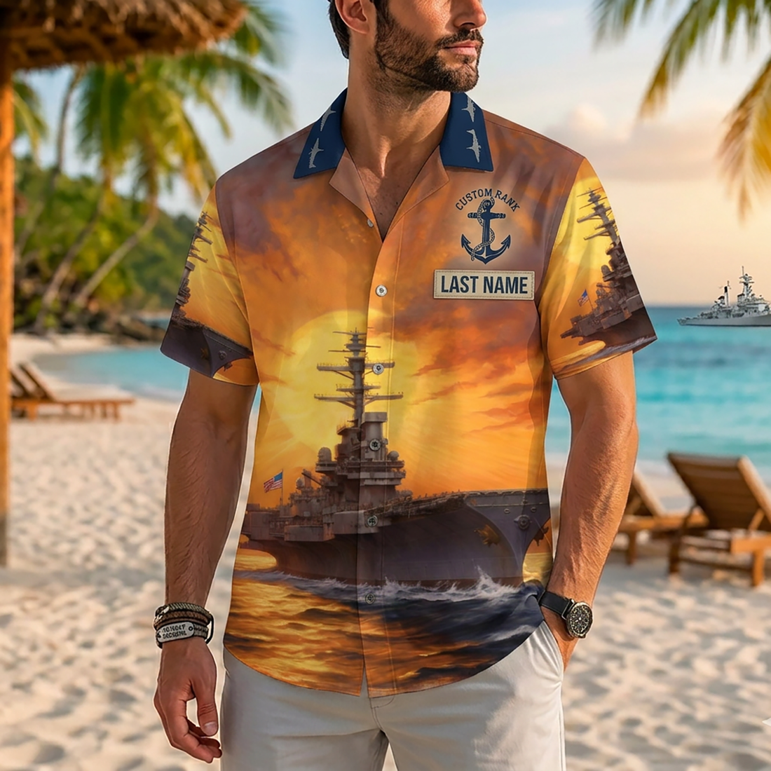 Mens Personalized Navy Honor Hawaiian Shirt Golden Sunrise Edition Flat Layout