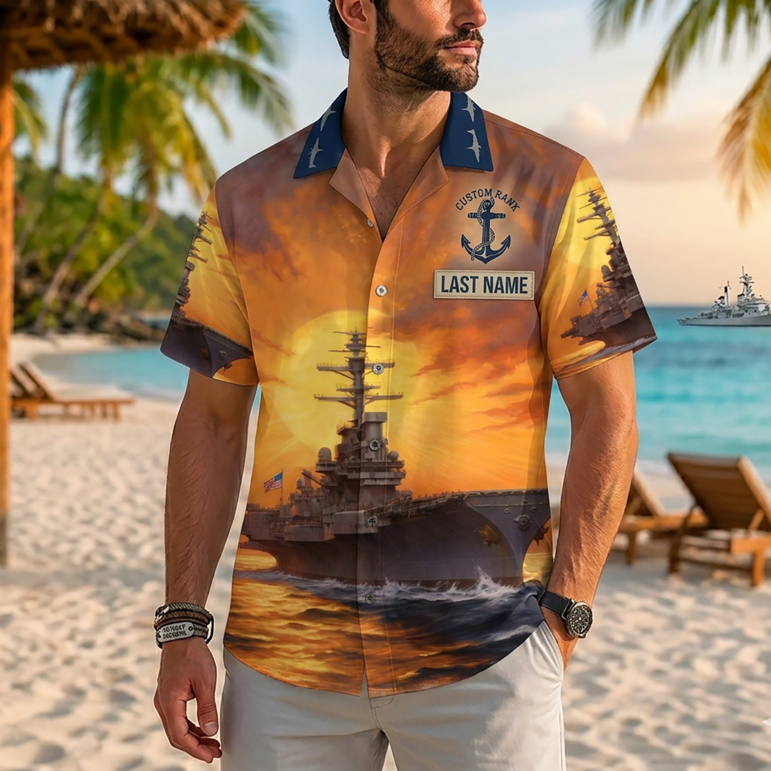 Mens Personalized Navy Veteran Hawaiian Shirt Front View Showing Custom Last Name And Rank Slots On Model