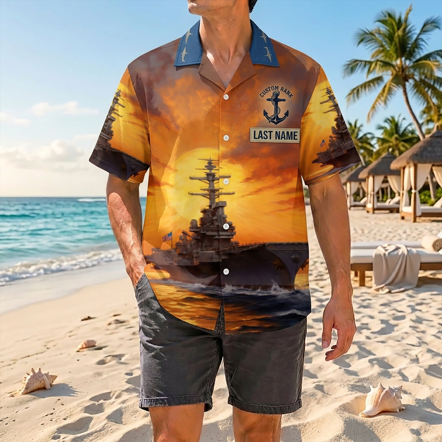 Proud Veteran Wearing Matching Personalized Navy Honor Hawaiian Shirt On A Tropical Beach