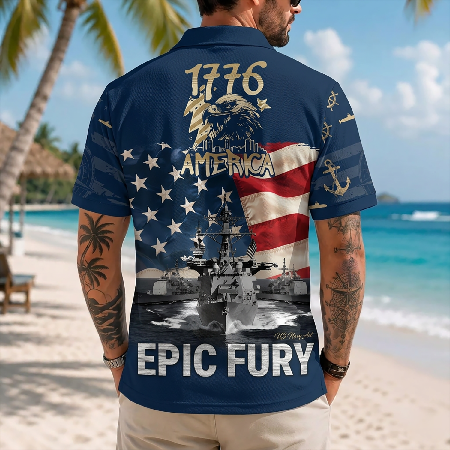 Mens Personalized Navy Veteran Hawaiian Shirt Back View Featuring Destroyer Fleet And American Bald Eagle