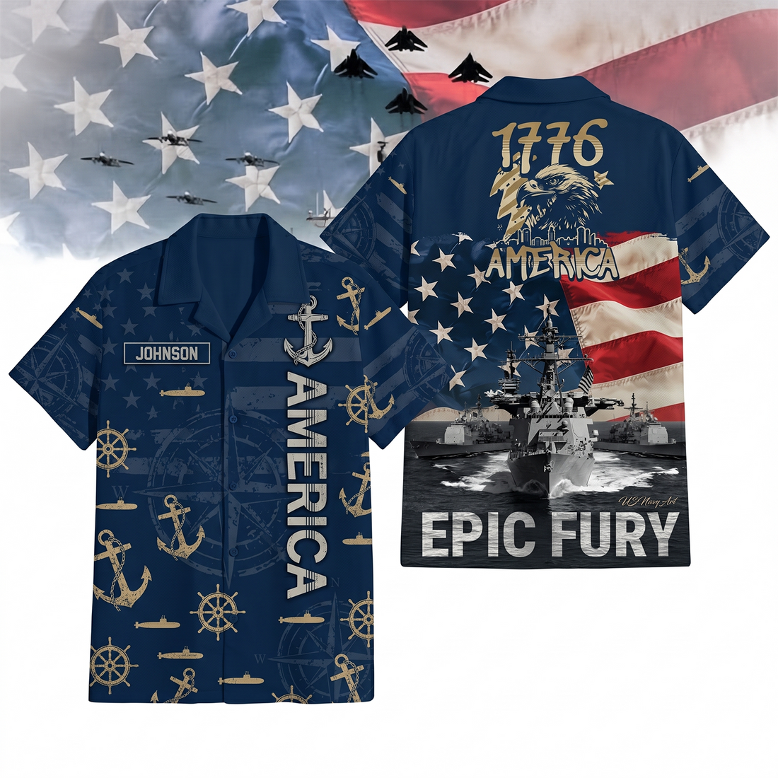 Mens Personalized Navy Patriotic Hawaiian Shirt Epic Fury Edition Flat Layout