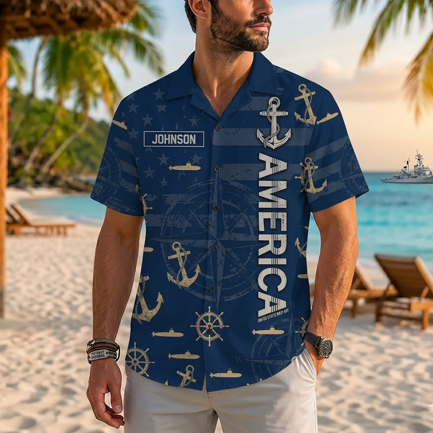Mens Personalized Navy Veteran Hawaiian Shirt Front View Showing Custom Last Name Slot On Model