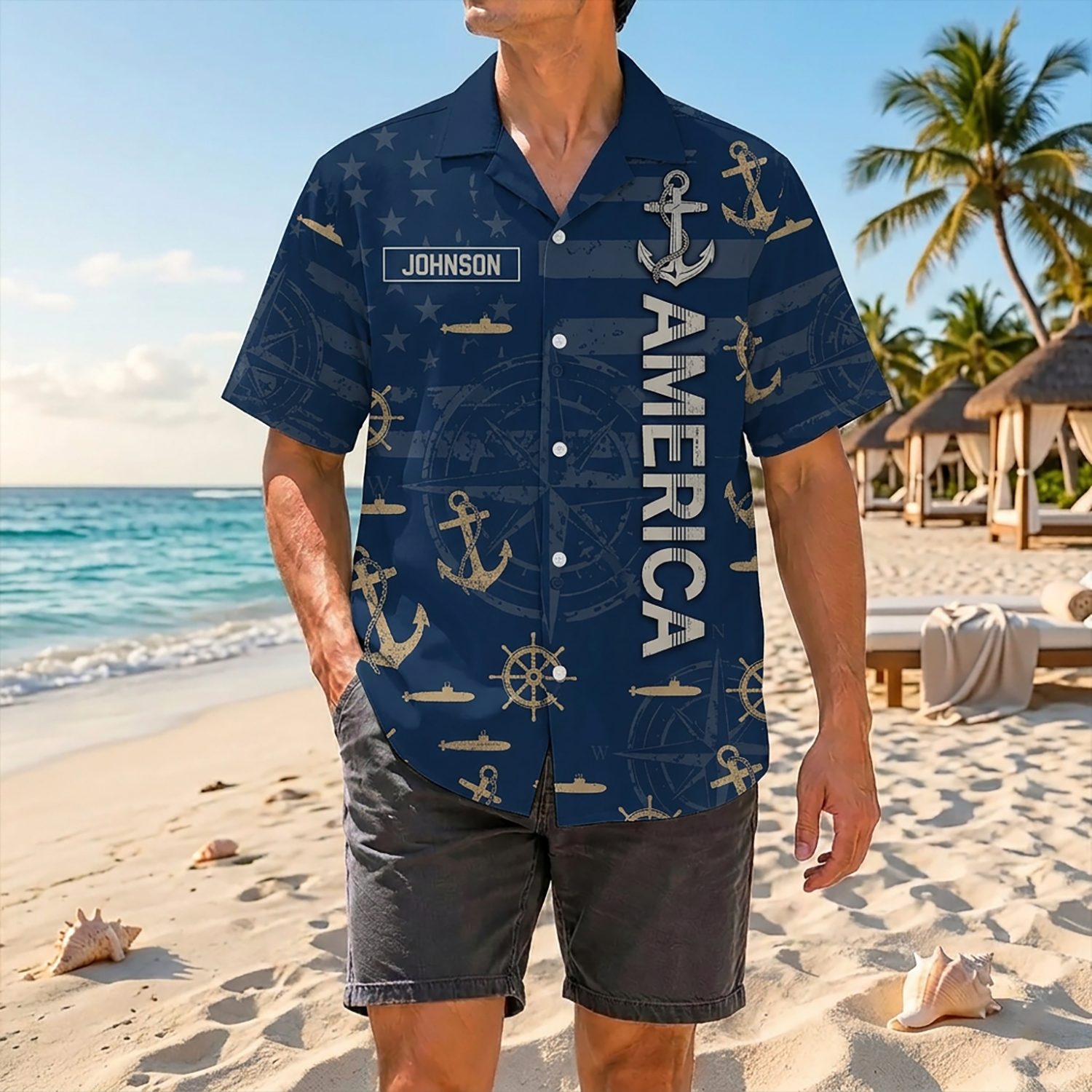 Proud Veteran Wearing Matching Personalized Navy Patriotic Hawaiian Shirt On A Tropical Beach