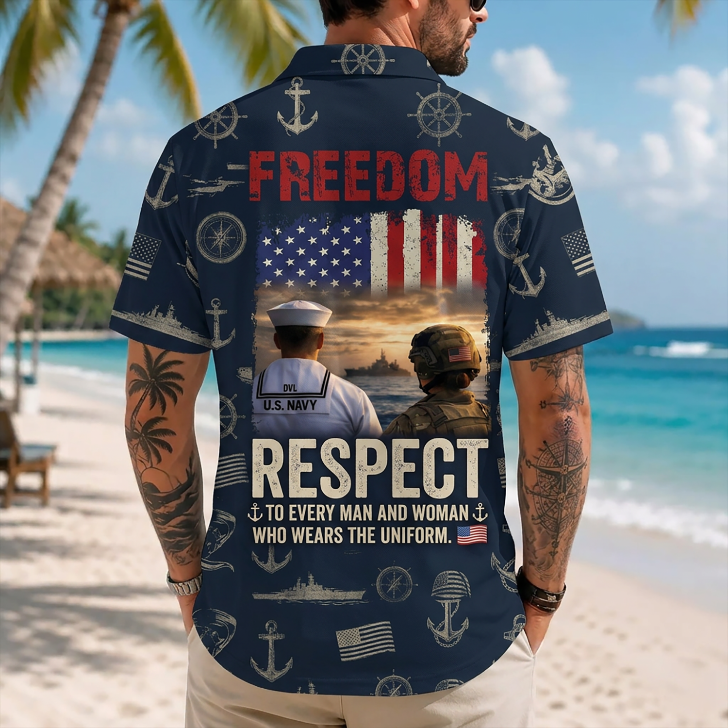 Mens Personalized Navy Veteran Hawaiian Shirt Back View Featuring Navy Sailors And Freedom Respect Text
