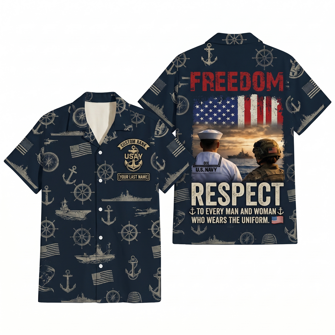 Mens Personalized Navy Patriotic Hawaiian Shirt Freedom Respect Edition Flat Layout