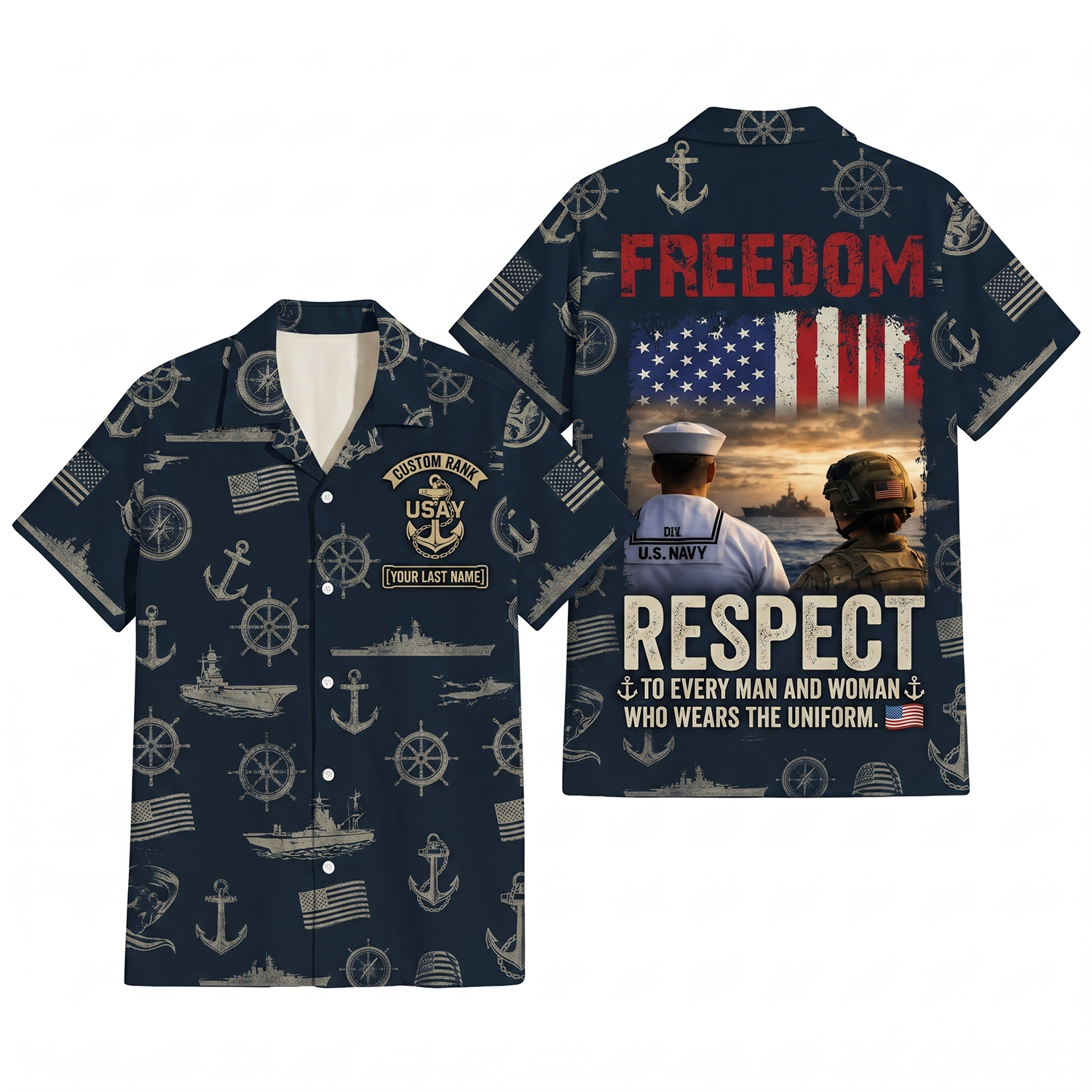 Mens Personalized Navy Patriotic Hawaiian Shirt Freedom Respect Edition Flat Layout