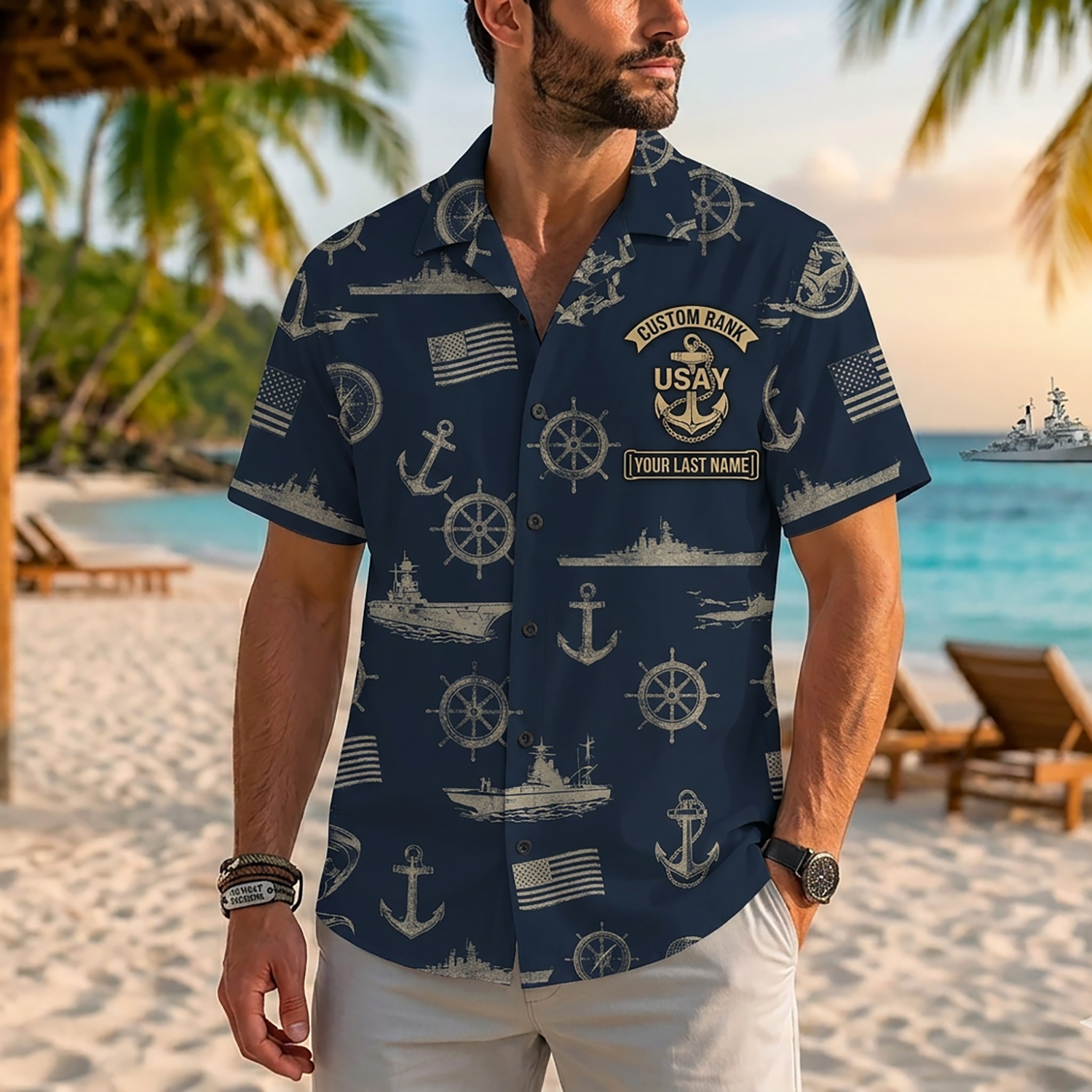Mens Personalized Navy Veteran Hawaiian Shirt Front View Showing Custom Last Name And Rank Slots On Model