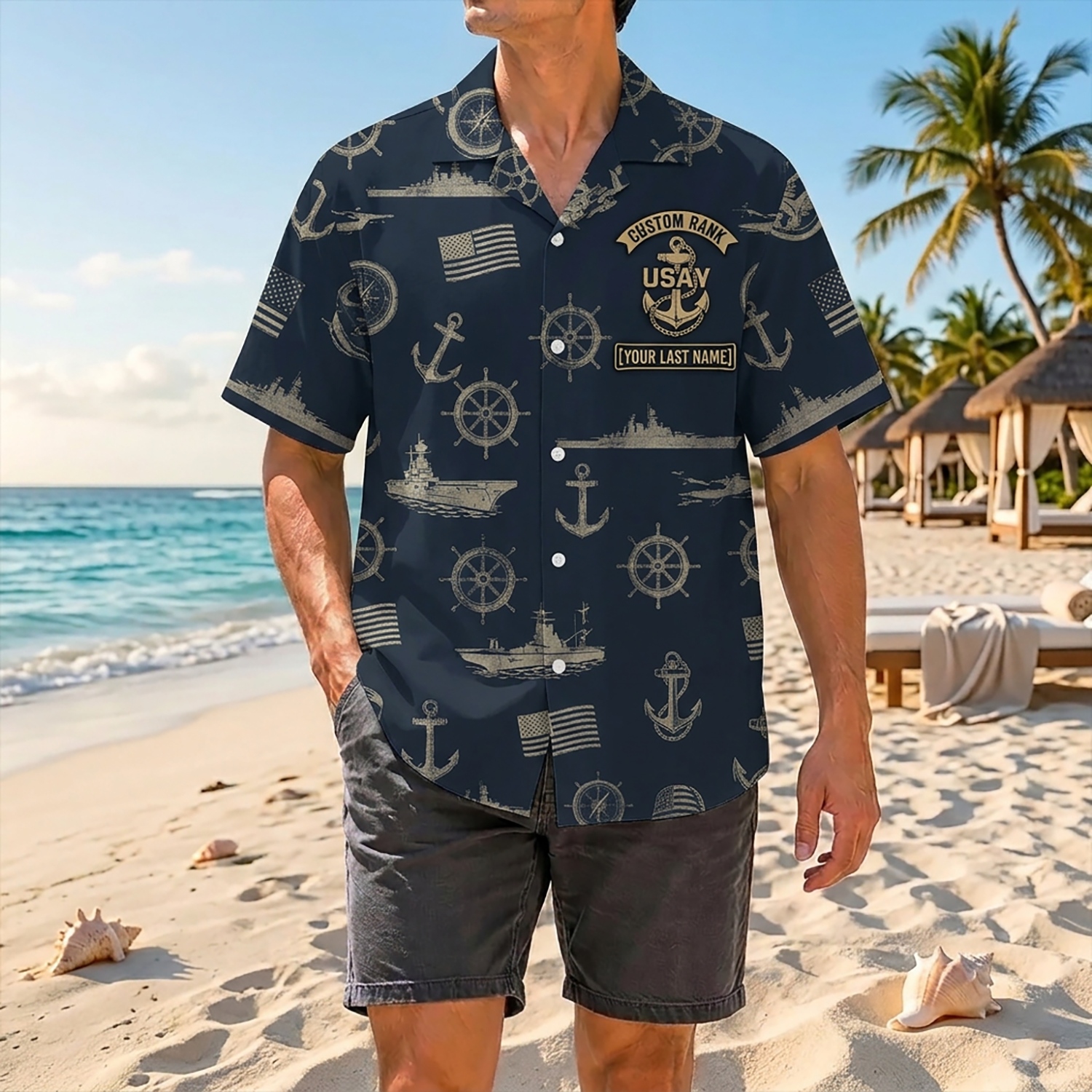 Proud Veteran Wearing Matching Personalized Navy Patriotic Hawaiian Shirt On A Tropical Beach