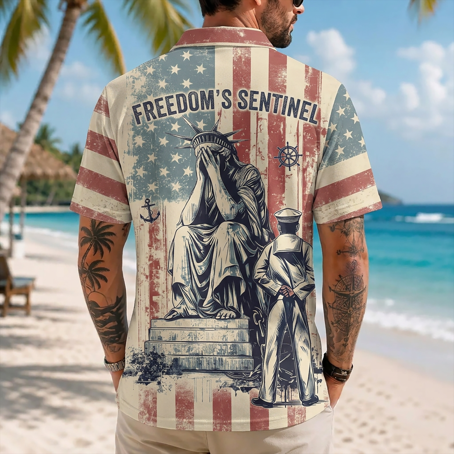 Mens Personalized Navy Veteran Hawaiian Shirt Back View Featuring Crying Statue Of Liberty And Sailor