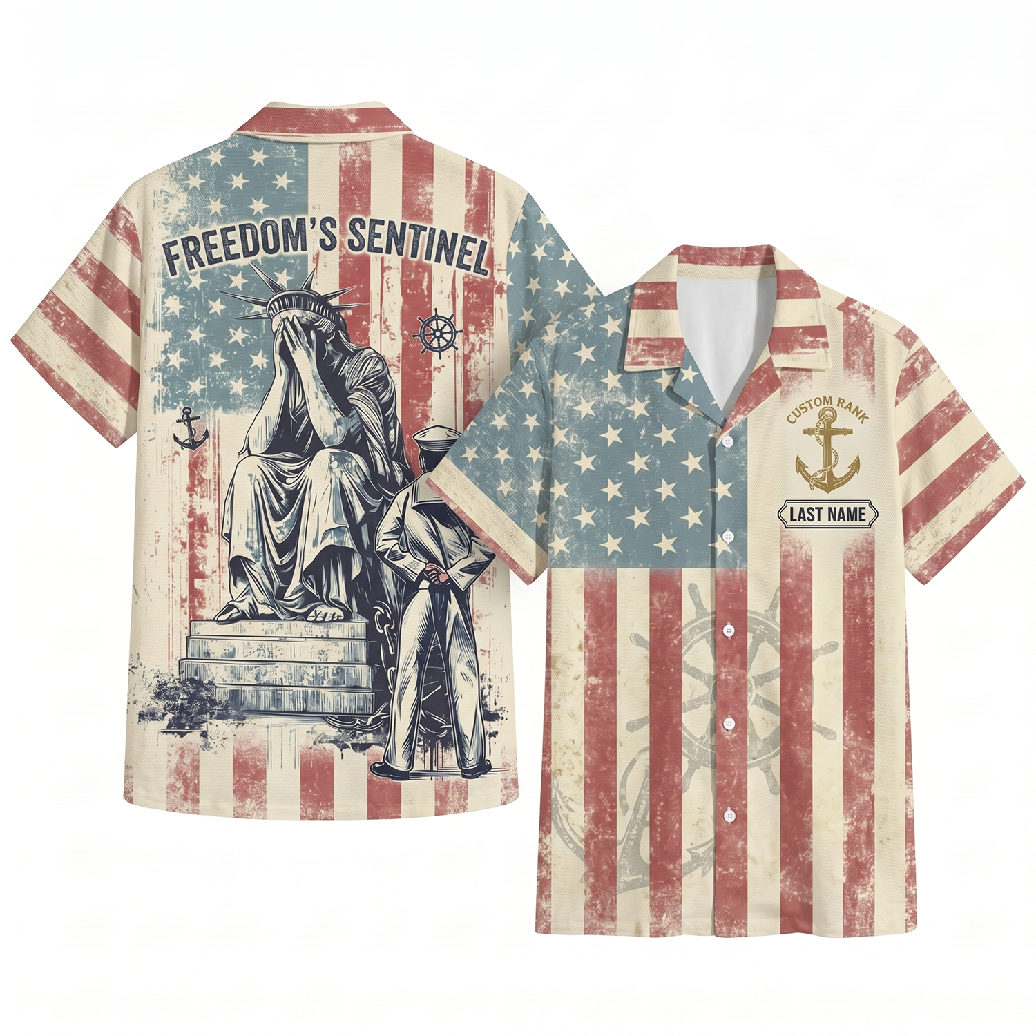 Mens Personalized Navy Patriotic Hawaiian Shirt Freedom Sentinel Edition Flat Layout