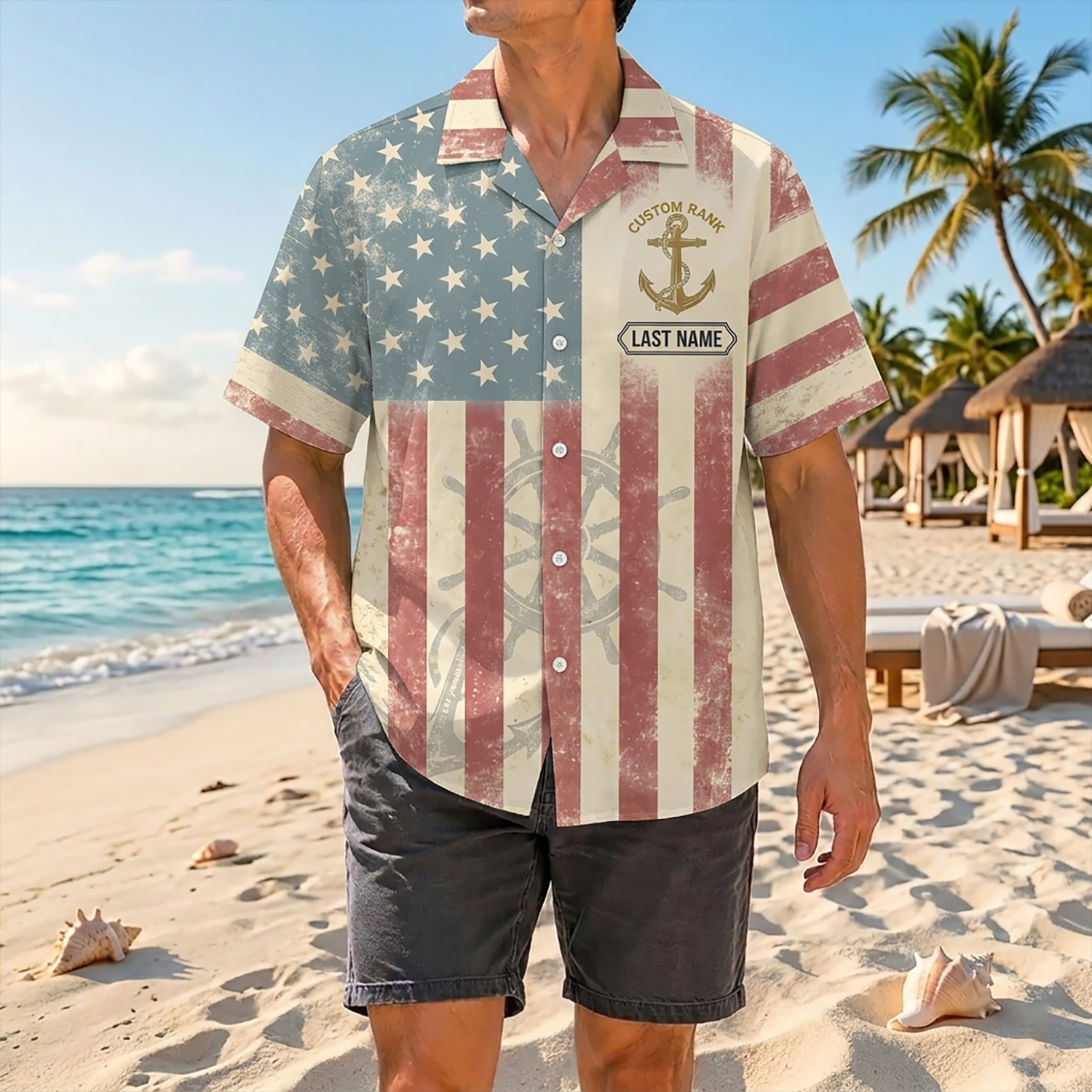 Mens Personalized Navy Veteran Hawaiian Shirt Front View Showing Custom Last Name And Rank Slots On Model