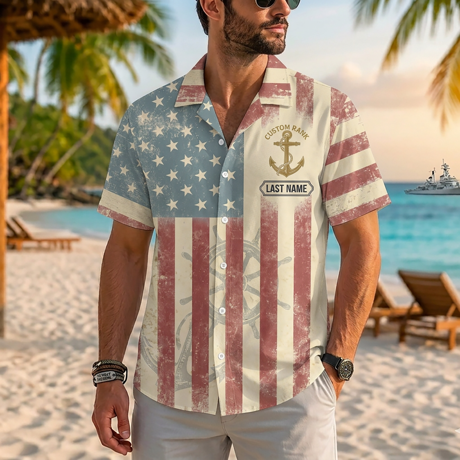 Proud Veteran Wearing Matching Personalized Navy Patriotic Hawaiian Shirt On A Tropical Beach