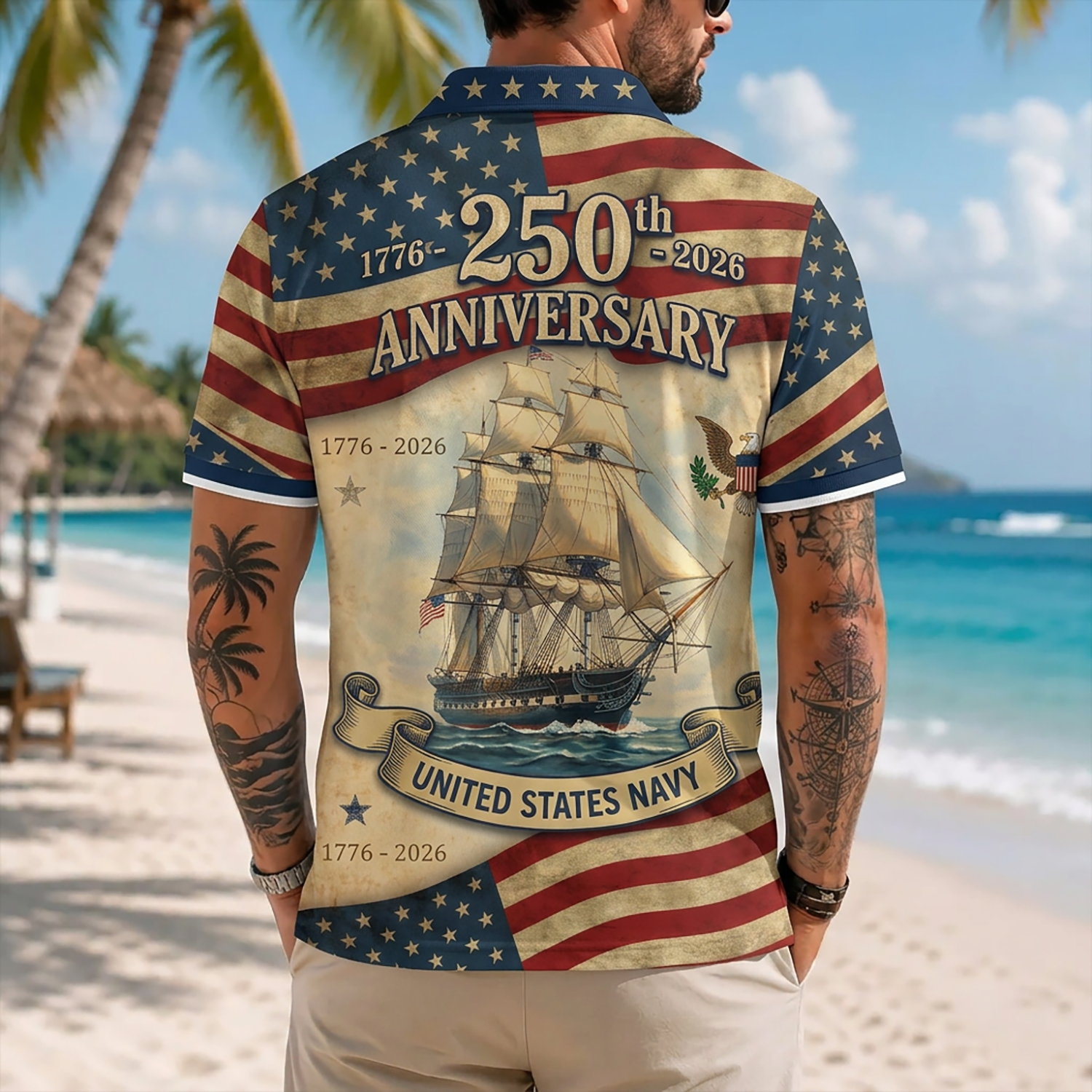 Mens Personalized Navy Veteran Hawaiian Shirt Back View Featuring Historic Frigate Ship On American Flag Background