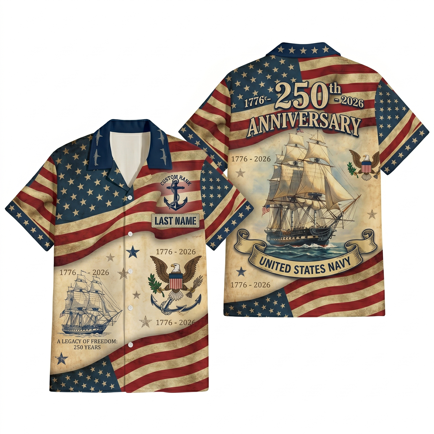 Mens Personalized Navy Patriotic Hawaiian Shirt Heritage Flag Edition Flat Layout