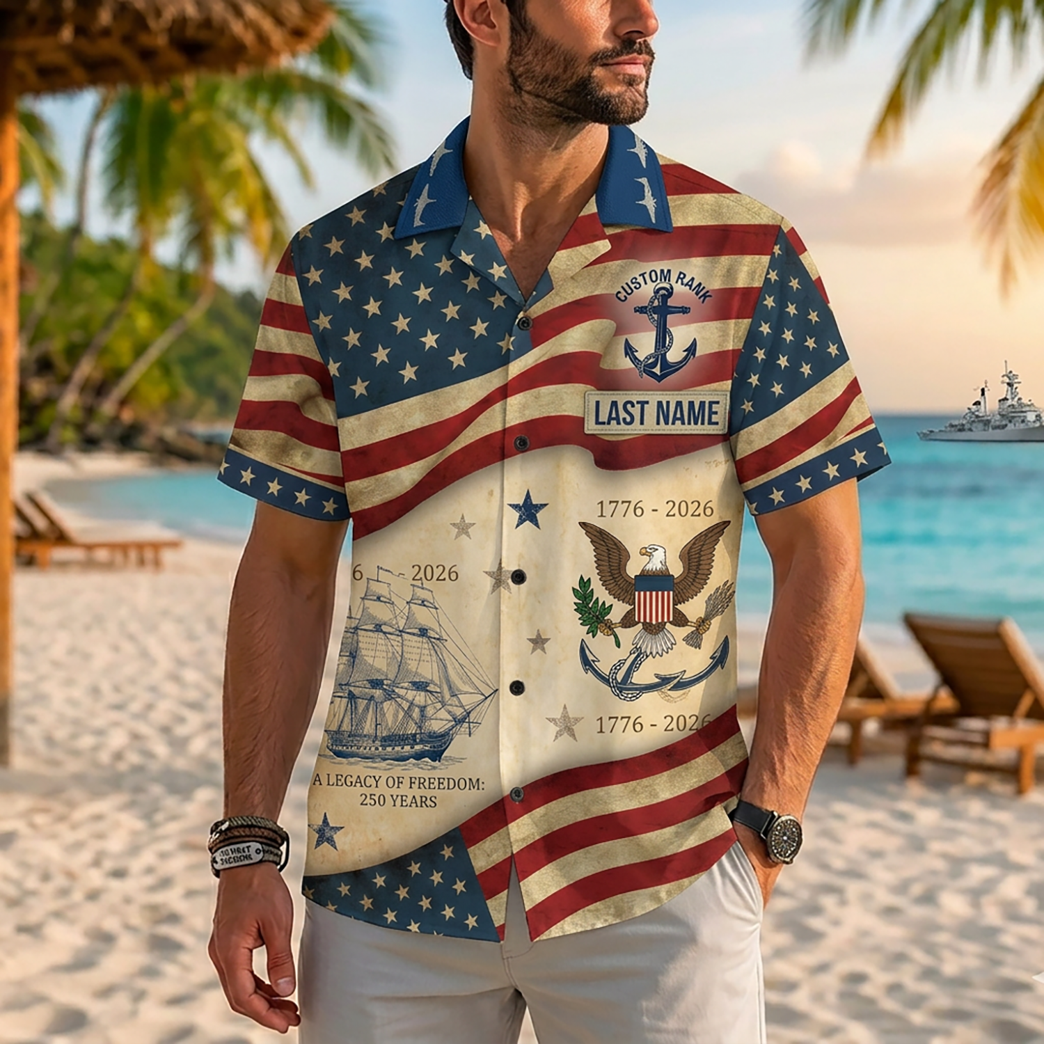 Mens Personalized Navy Veteran Hawaiian Shirt Front View Showing Custom Last Name And Rank Slots On Model