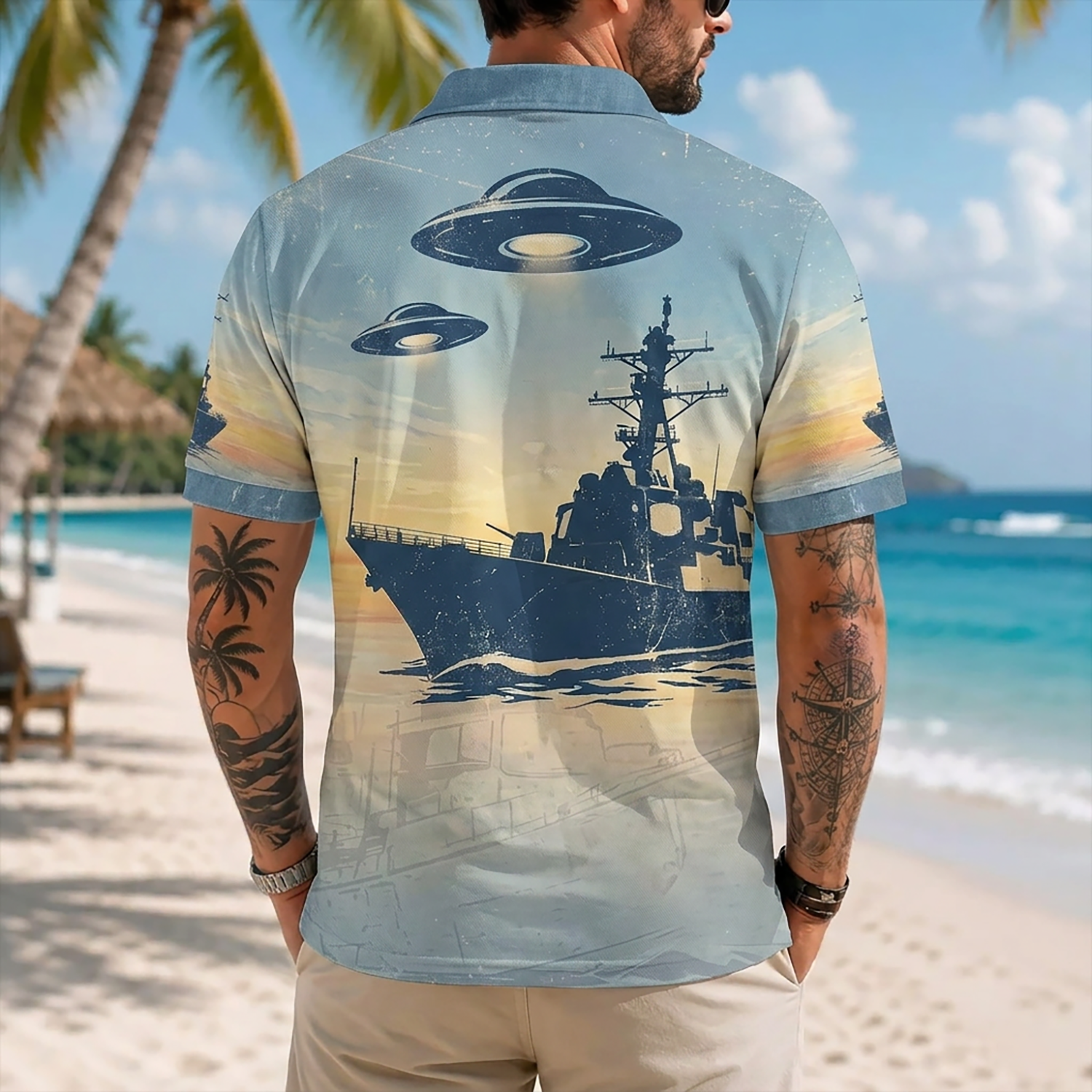 Mens Personalized Navy Veteran Hawaiian Shirt Back View Featuring Destroyer And Flying Saucer UFOs At Sunset