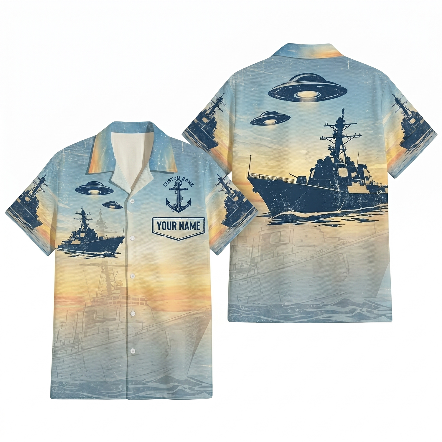 Mens Personalized Navy Patriotic Hawaiian Shirt Horizon Sentinel Edition Flat Layout