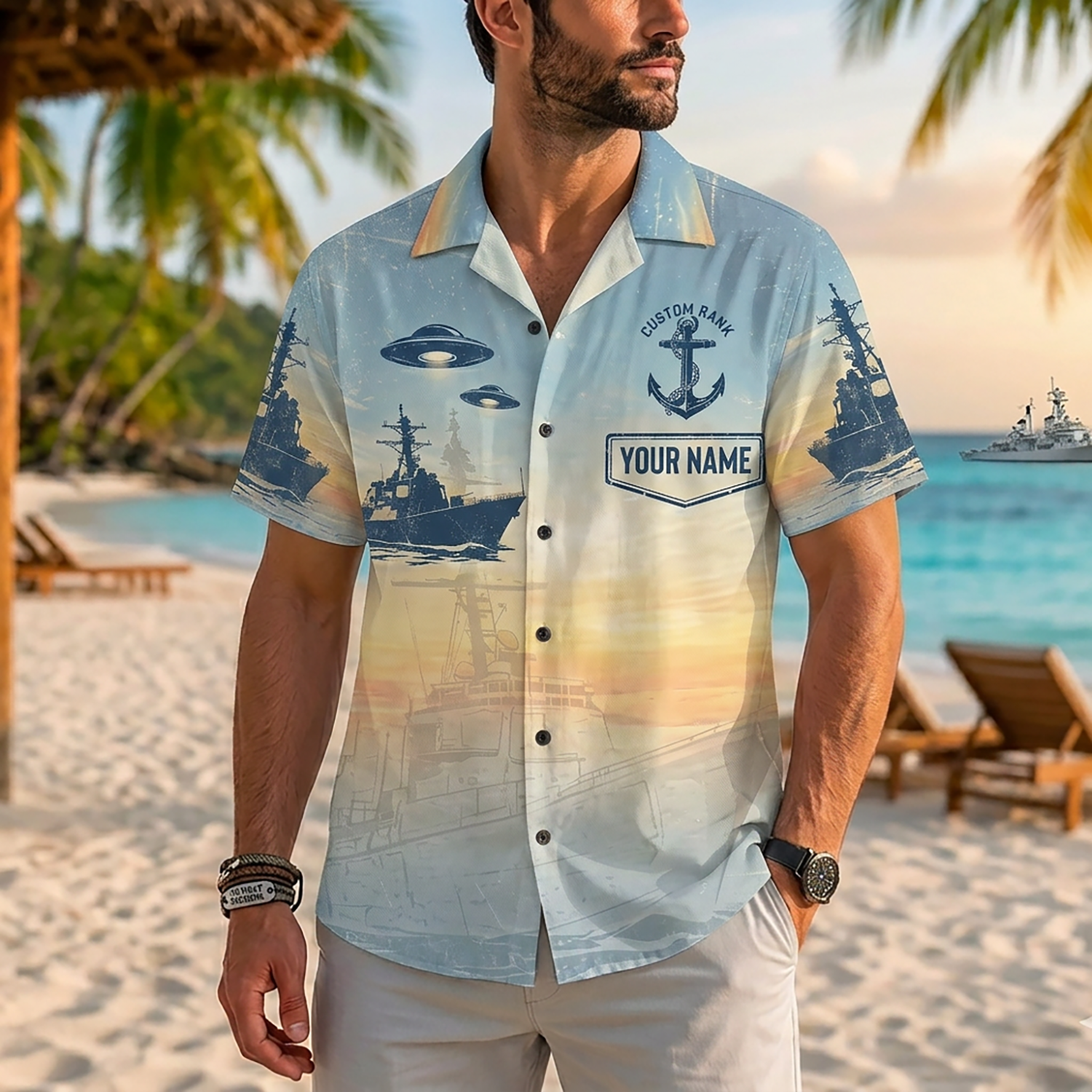 Mens Personalized Navy Veteran Hawaiian Shirt Front View Showing Custom Name And Rank Slots On Model