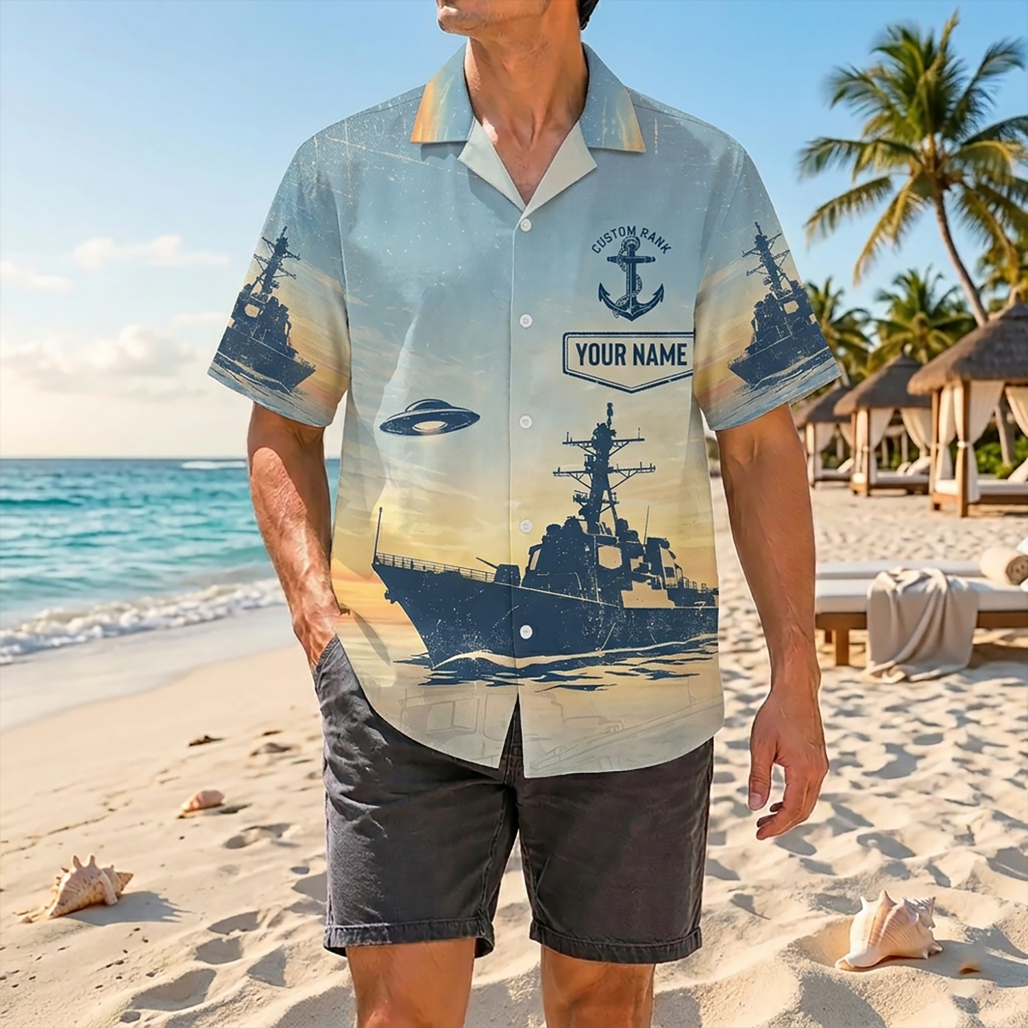 Proud Veteran Wearing Matching Personalized Navy Patriotic Hawaiian Shirt On A Tropical Beach