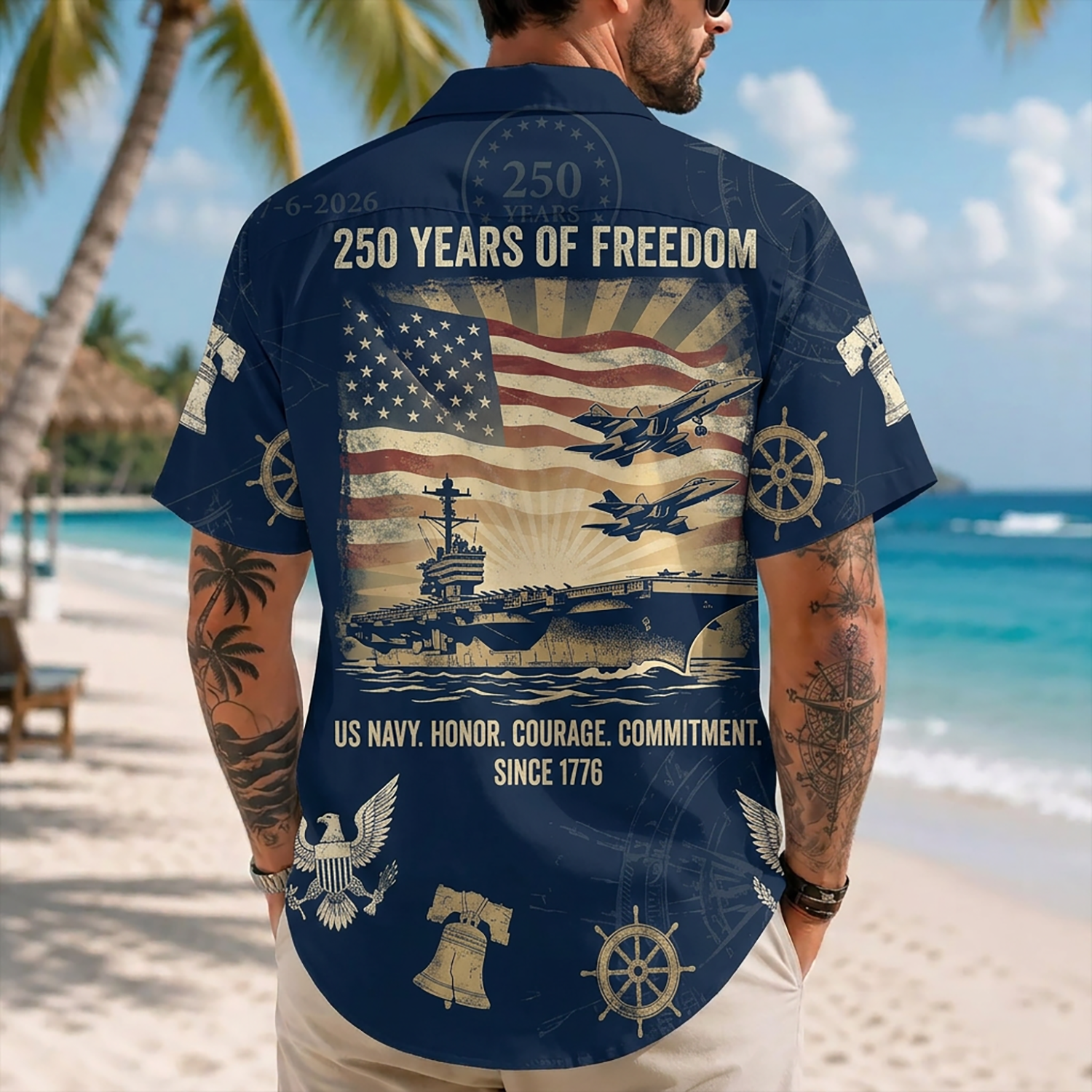 Mens Personalized Navy Veteran Hawaiian Shirt Back View Featuring American Flag Aircraft Carrier And Jets