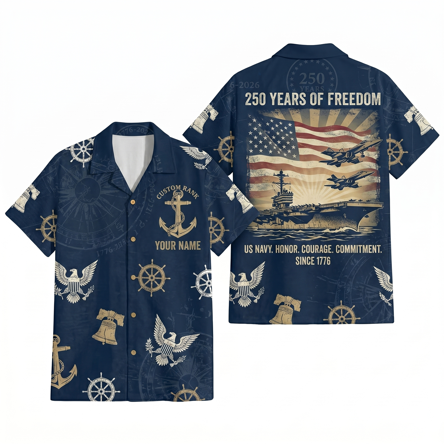 Mens Personalized Navy Patriotic Hawaiian Shirt Liberty Anchor Edition Flat Layout