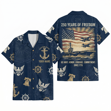 Mens Personalized Navy Patriotic Hawaiian Shirt Liberty Anchor Edition Flat Layout