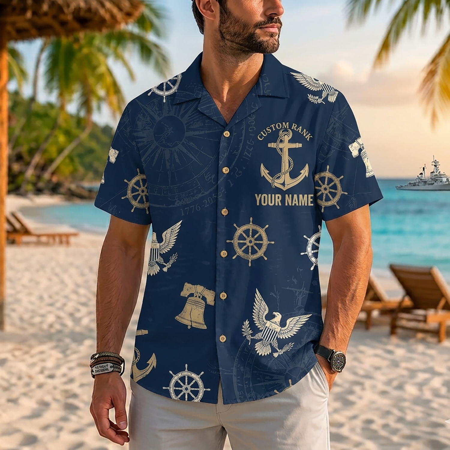 Mens Personalized Navy Veteran Hawaiian Shirt Front View Showing Custom Name And Rank Slots On Model