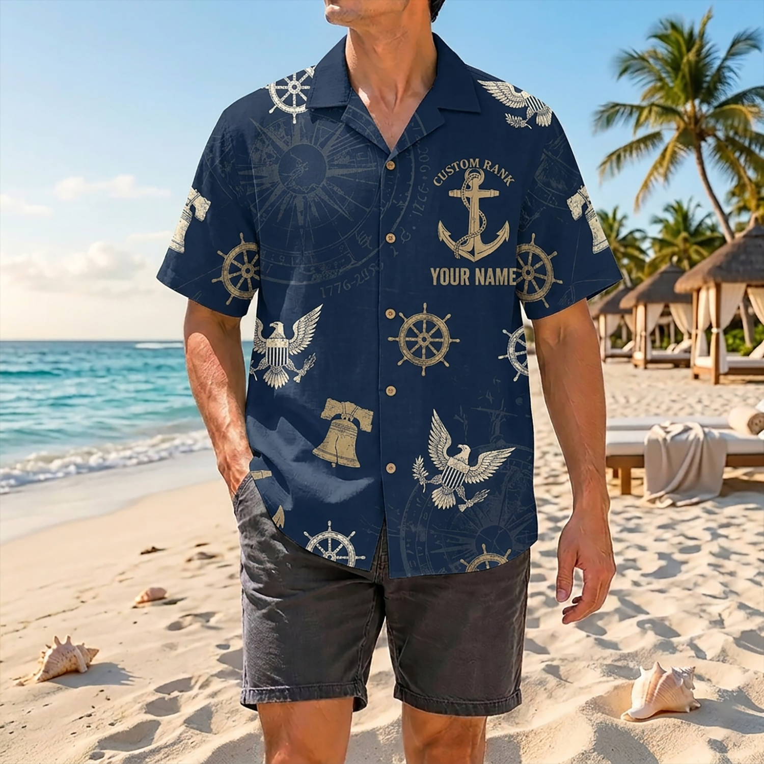 Proud Veteran Wearing Matching Personalized Navy Patriotic Hawaiian Shirt On A Tropical Beach