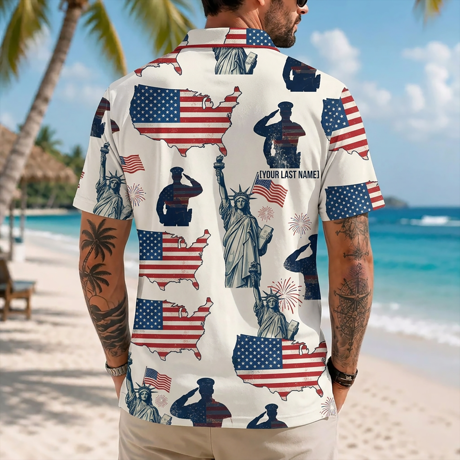 Mens Personalized Navy Veteran Hawaiian Shirt Back View Featuring Statue Of Liberty And US Map Icons